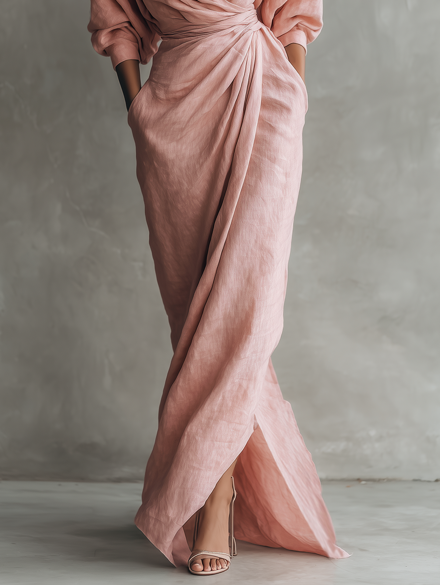 Vestido Largo Maxi de Mezcla de Lino Rosa Minimalista con Escote en V para Mujeres