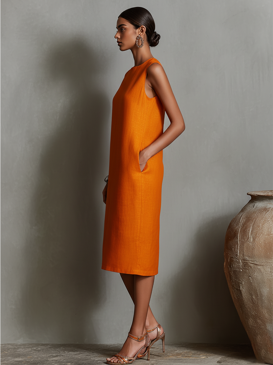 Vestido de Lino Naranja para Mujer con Cuello Redondo Sin Mangas y Bolsillos Laterales, Estilo Minimalista-Elegante Atemporal