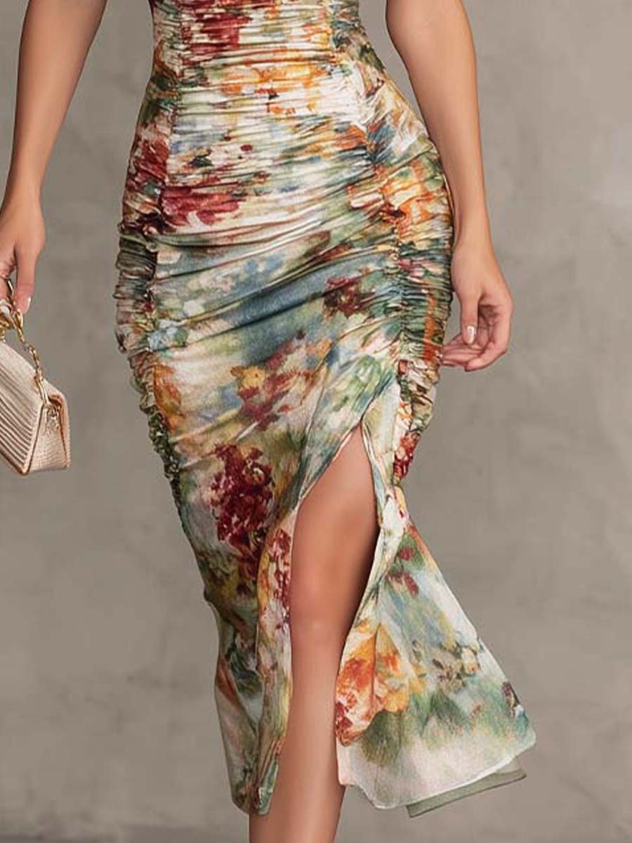 Vestido Midi Con Cuello Cuadrado Floral Con Fruncidos Retro y Elegante