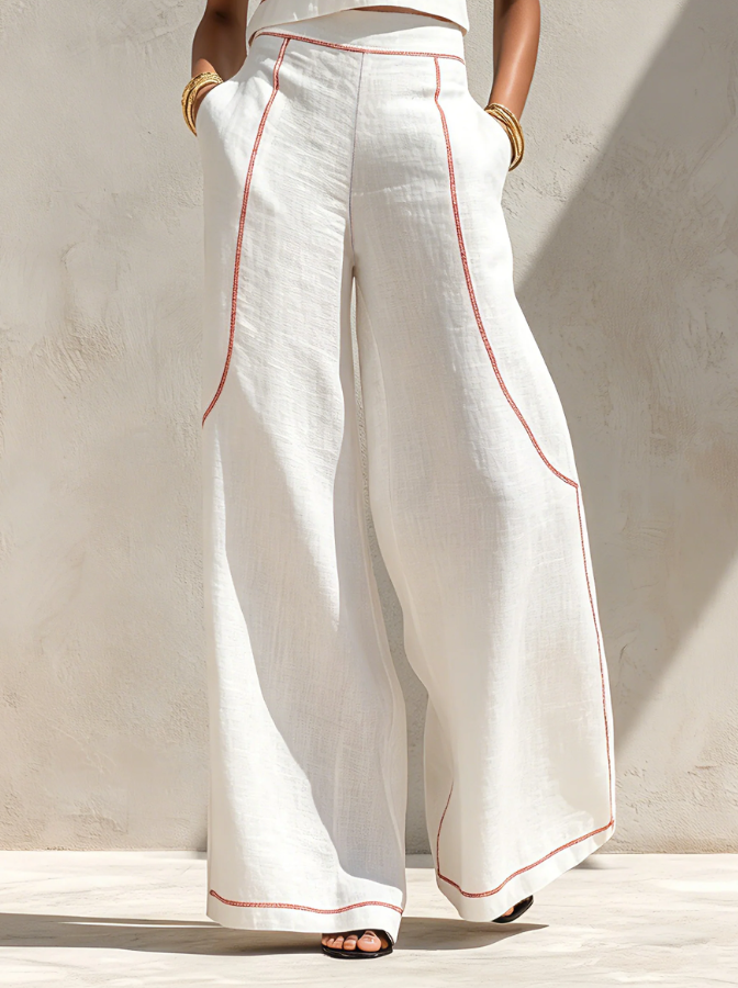 Conjunto de Blusa Minimalista de Mezcla de Lino y Pantalones de Pierna Ancha para Mujeres