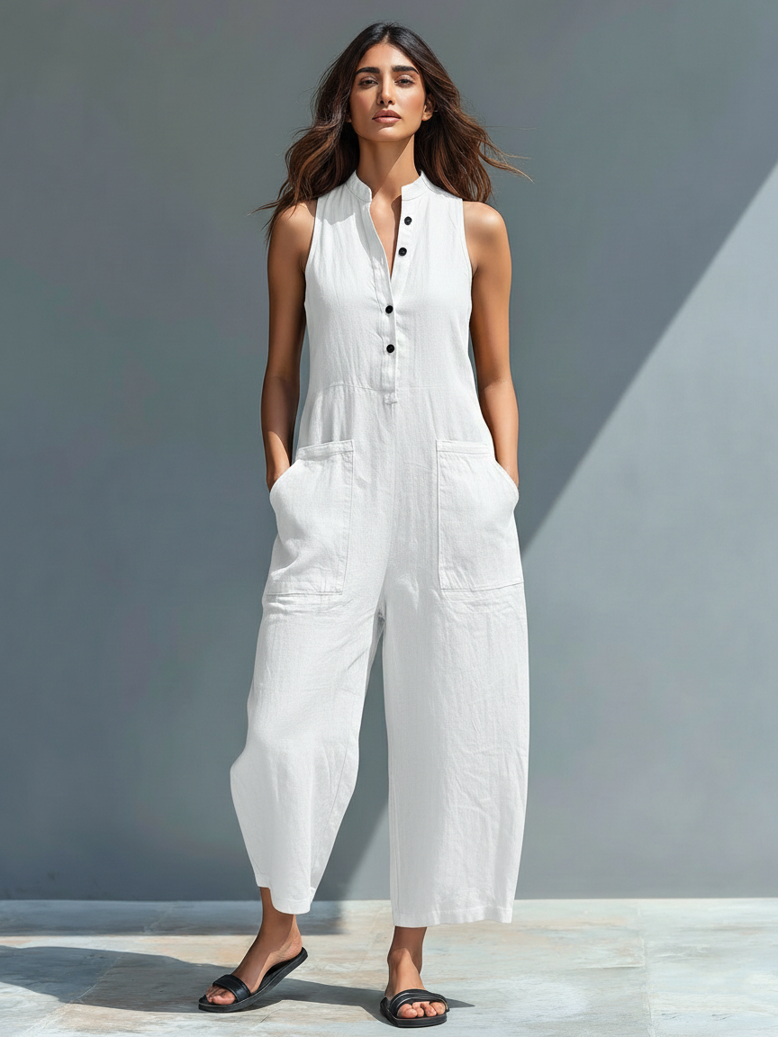 Claudia - Mono minimalista de lino para mujer, sin mangas, cuello alto y botones
