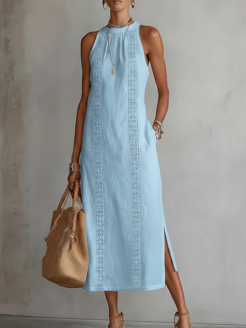 Jimena | Vestido azul midi de lino con cuello mao