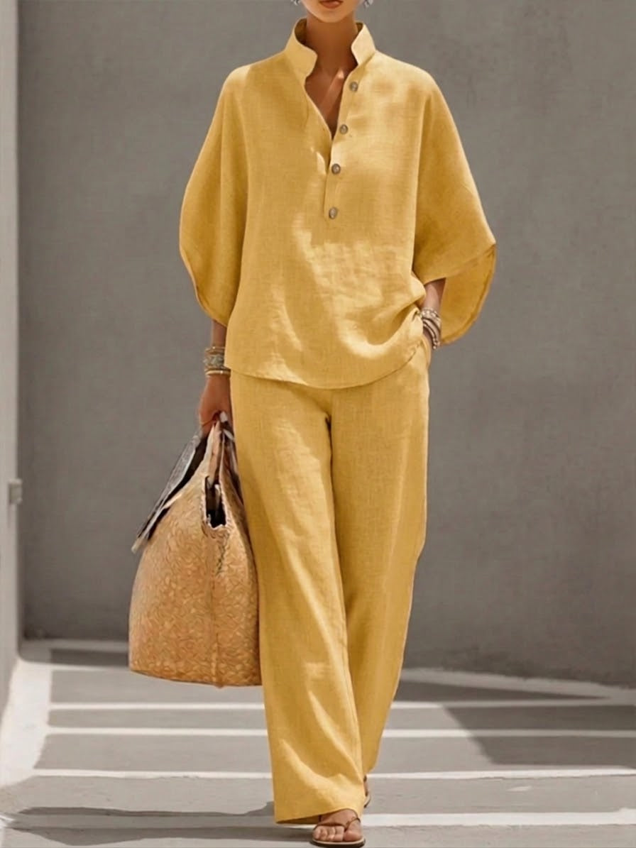 Eszter™ – Conjunto de algodón-lino con mangas de murciélago y pantalones de pierna ancha • S1