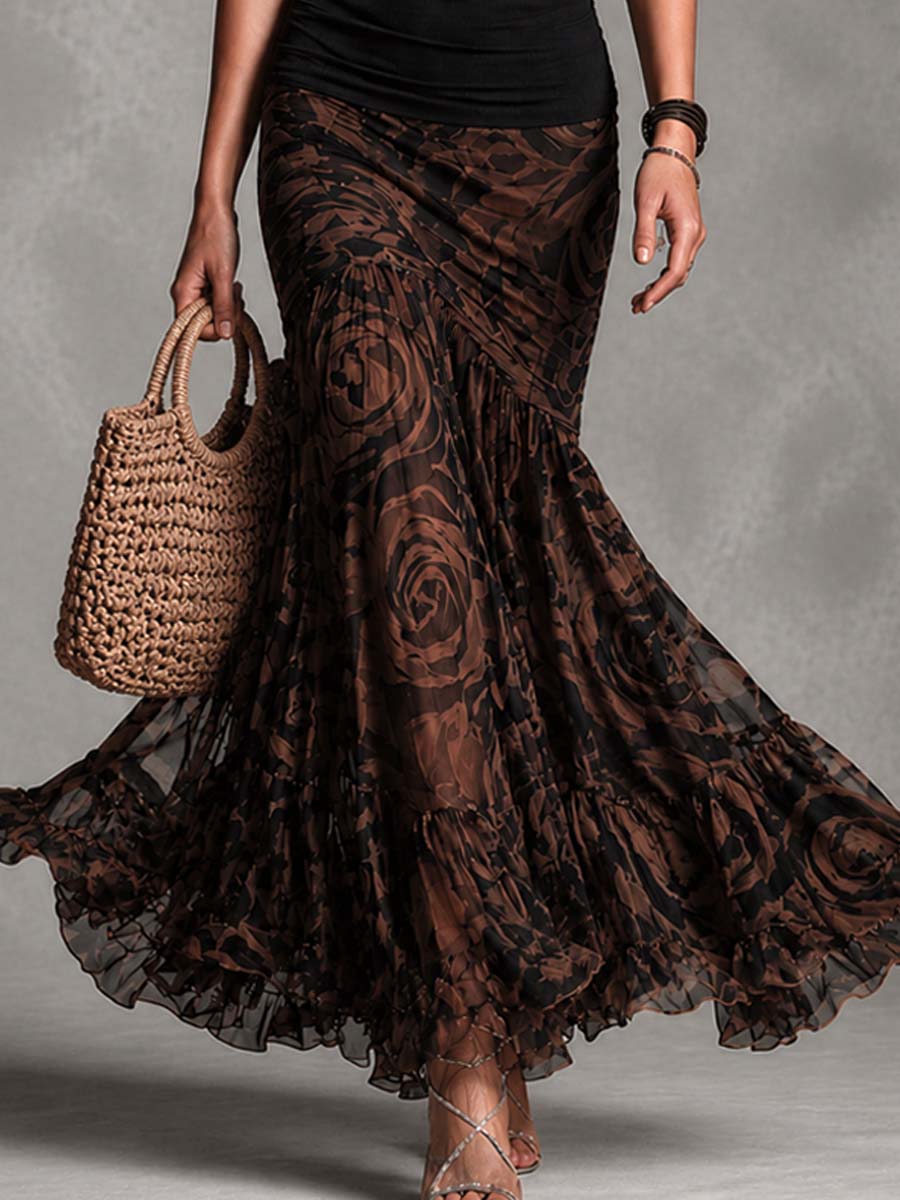 Lucilla | Conjunto completo de dos piezas negro con falda de sirena en red estampada marrón