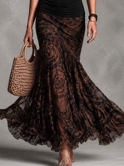 Lucilla | Conjunto completo de dos piezas negro con falda de sirena en red estampada marrón