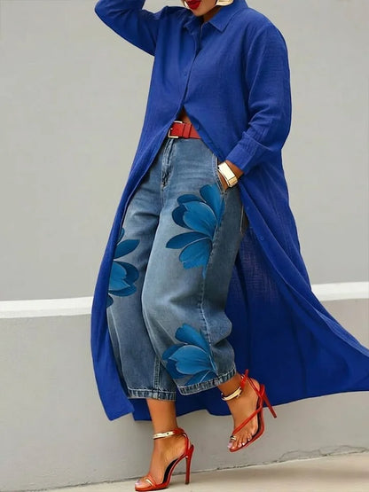 Anabel| Conjunto de camisa larga y vaqueros estampados