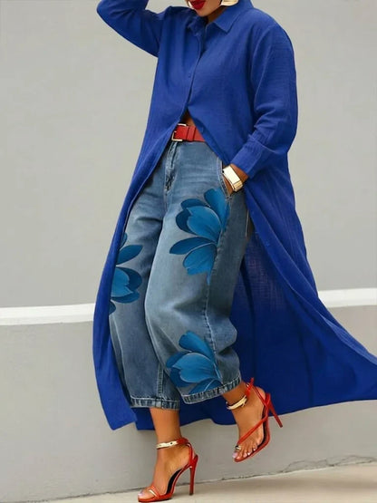 Analie - Vestido Camisero de Lino y Jeans Florales