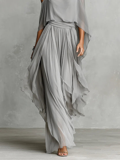 Isabella | Top Gris Fluido y Conjunto de Pantalones de Chifón • S1