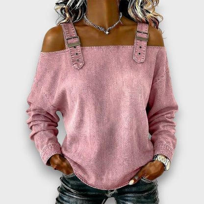 Elama – Top de Denim con Hombros Descubiertos