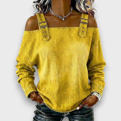 Elama – Top de Denim con Hombros Descubiertos