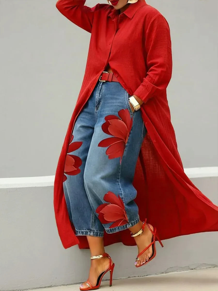 Analie - Vestido Camisero de Lino y Jeans Florales