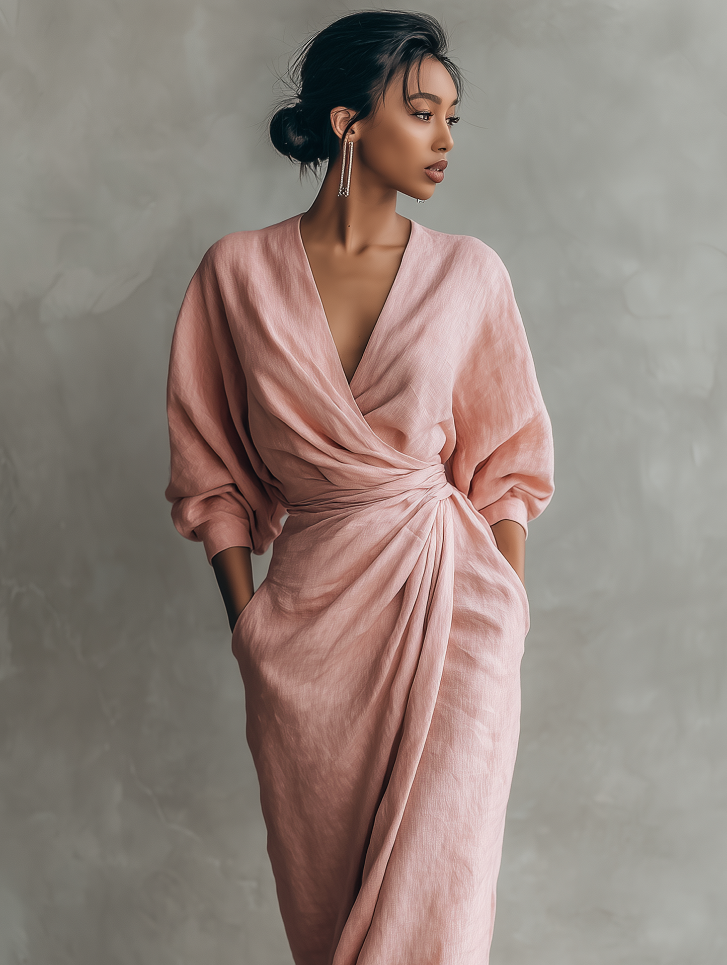 Vestido Largo Maxi de Mezcla de Lino Rosa Minimalista con Escote en V para Mujeres