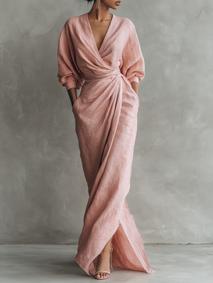 Vestido Largo Maxi de Mezcla de Lino Rosa Minimalista con Escote en V para Mujeres