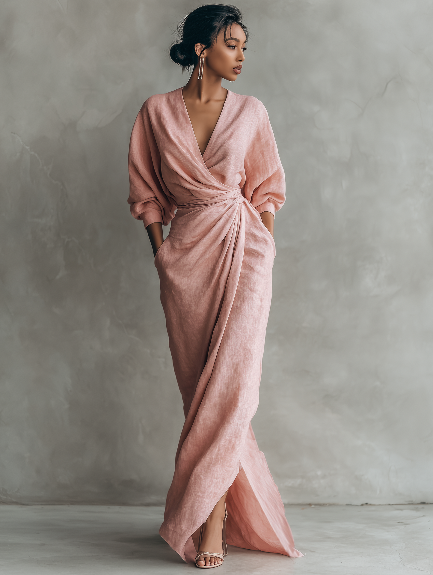 Vestido Largo Maxi de Mezcla de Lino Rosa Minimalista con Escote en V para Mujeres