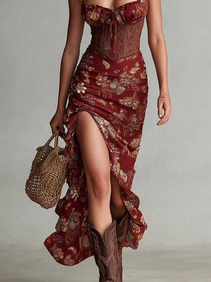 Vestido Maxi Estilo Corsé con Estampado Floral y Abertura Alta