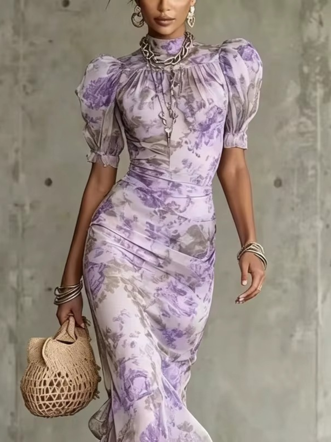 Rosse - Vestido largo con estampado de rosas vintage y mangas abullonadas