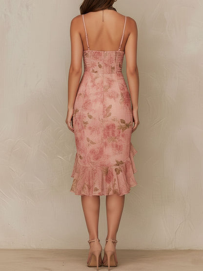 Vestido Midi Bodycon Floral Arrugado en Rosa Elegante con Dobladillo Volante