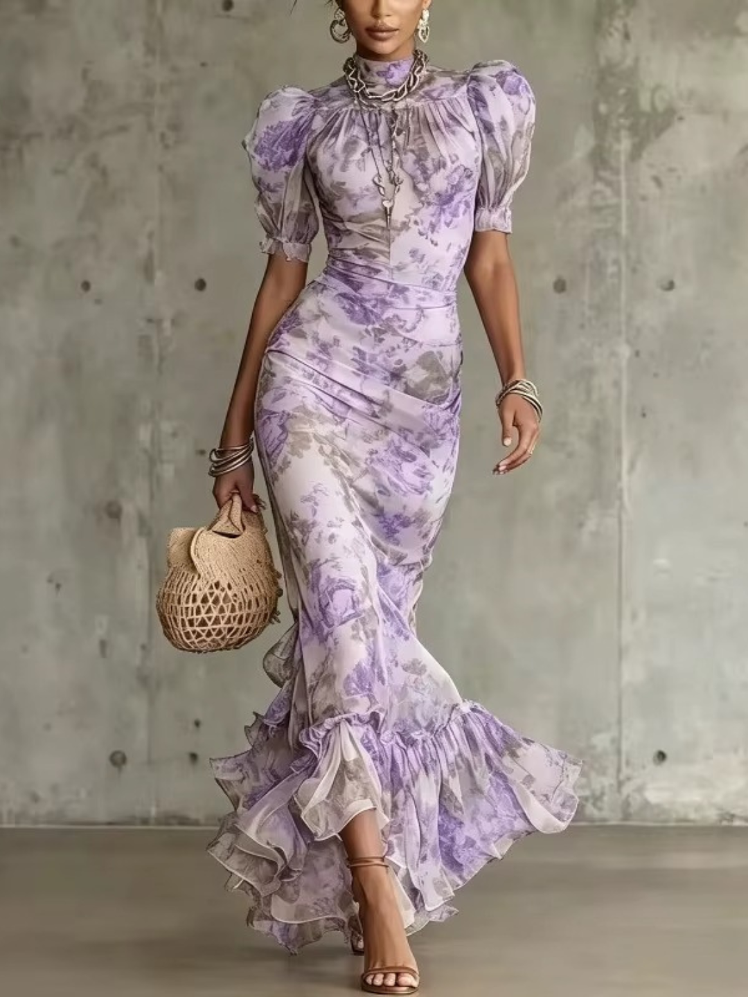 Rosse - Vestido largo con estampado de rosas vintage y mangas abullonadas