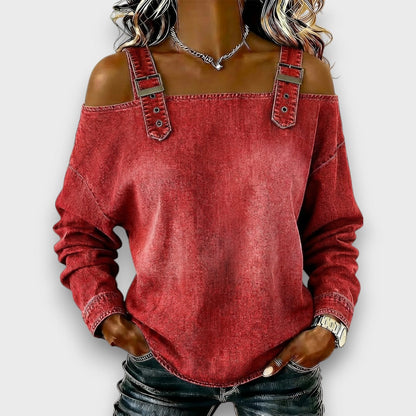 Elama – Top de Denim con Hombros Descubiertos