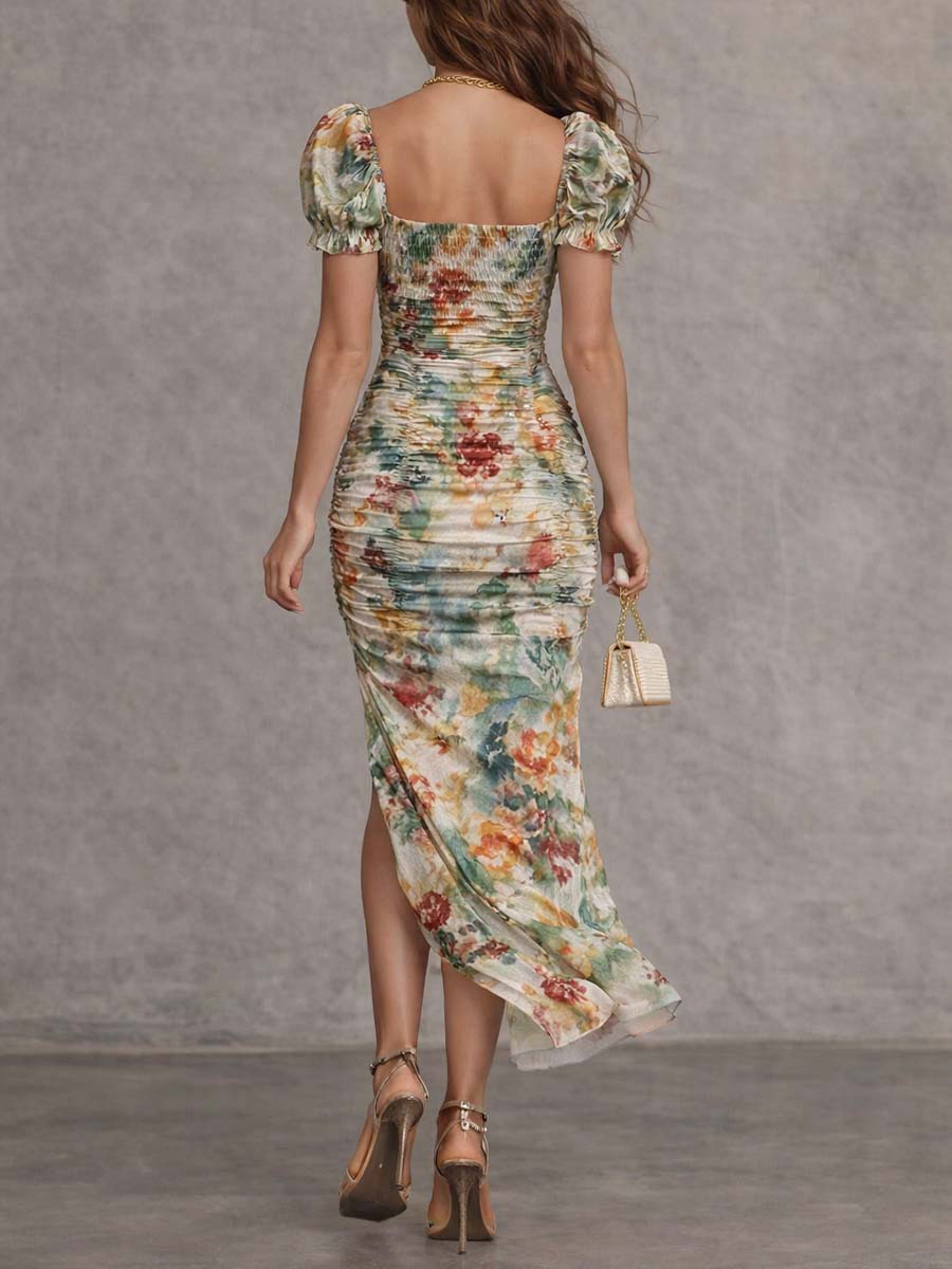 Vestido Midi Con Cuello Cuadrado Floral Con Fruncidos Retro y Elegante