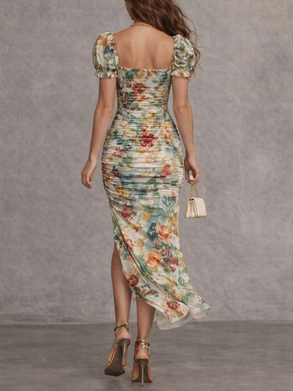 Vestido Midi Con Cuello Cuadrado Floral Con Fruncidos Retro y Elegante