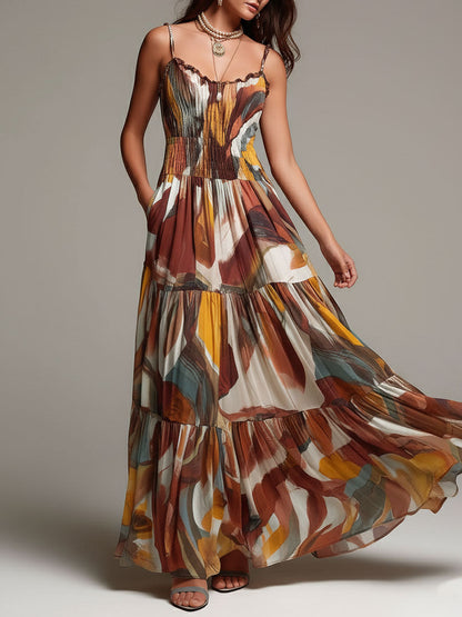 Vestido Maxi de Cuerpo Fruncido Multicolor Abstracto Boho