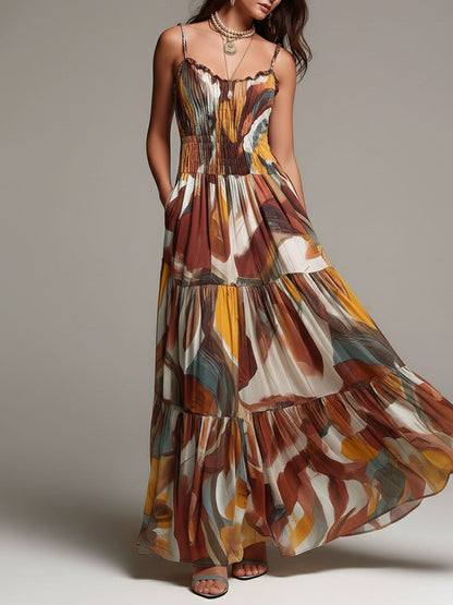 Vestido Maxi de Cuerpo Fruncido Multicolor Abstracto Boho