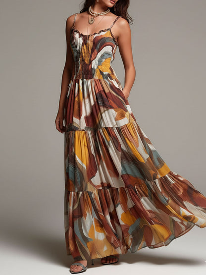 Vestido Maxi de Cuerpo Fruncido Multicolor Abstracto Boho