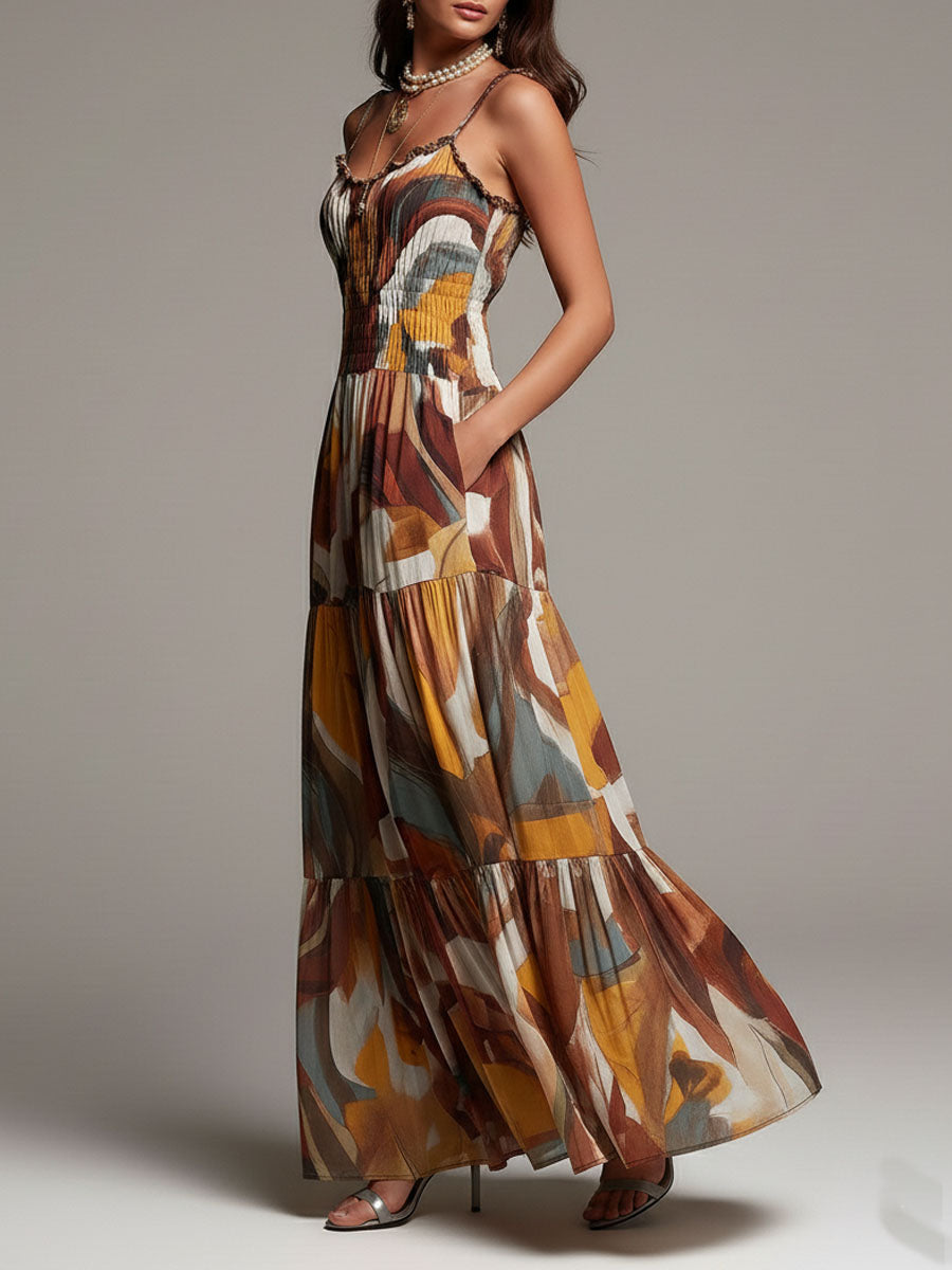 Vestido Maxi de Cuerpo Fruncido Multicolor Abstracto Boho