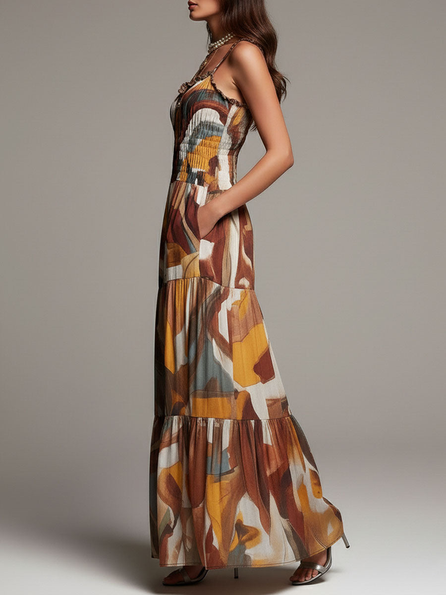Vestido Maxi de Cuerpo Fruncido Multicolor Abstracto Boho
