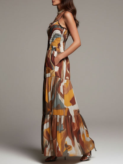 Vestido Maxi de Cuerpo Fruncido Multicolor Abstracto Boho