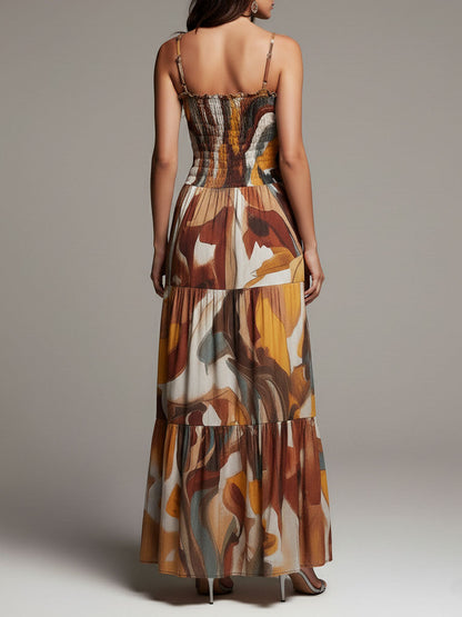 Vestido Maxi de Cuerpo Fruncido Multicolor Abstracto Boho