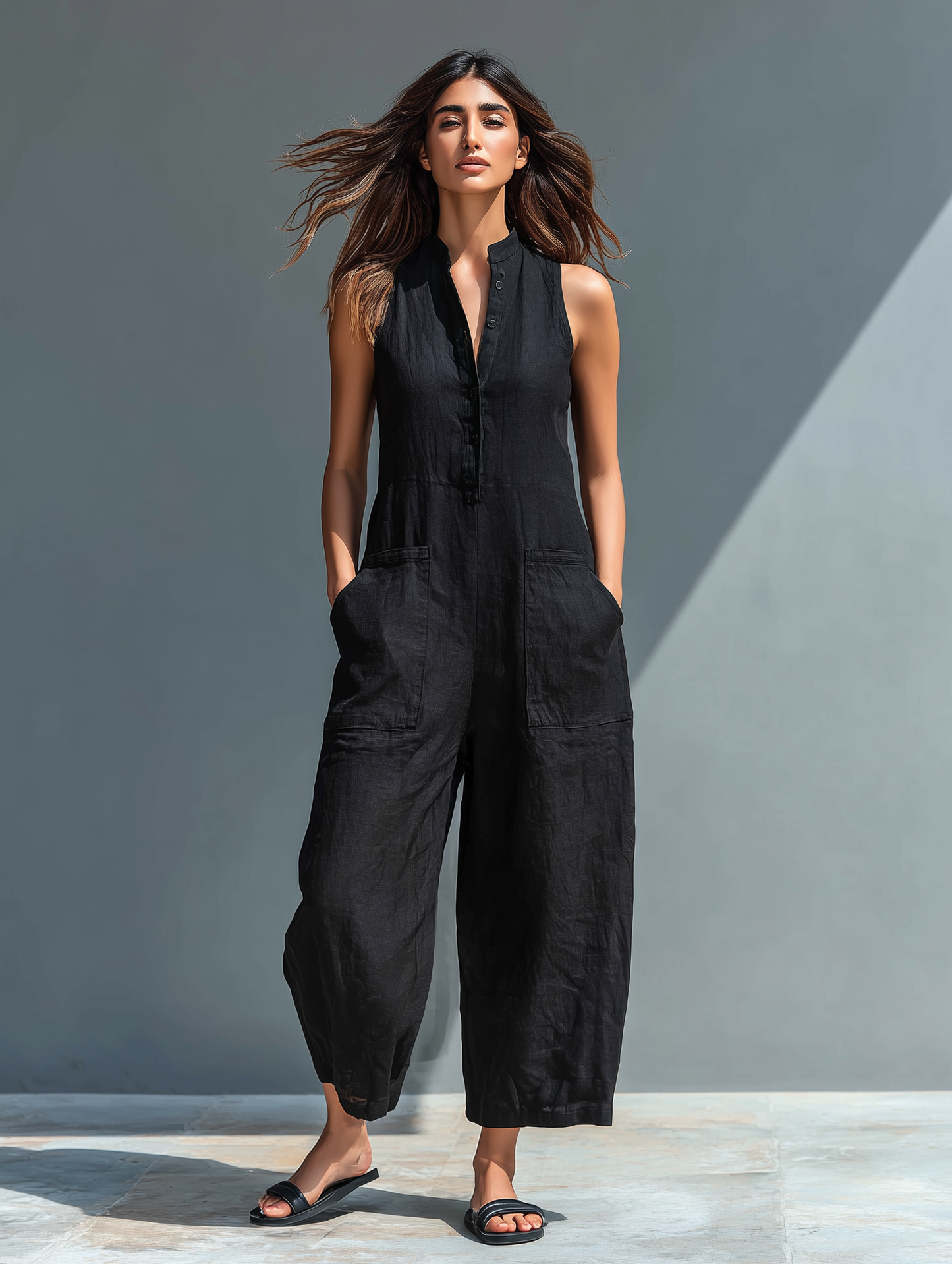 Claudia - Mono minimalista de lino para mujer, sin mangas, cuello alto y botones