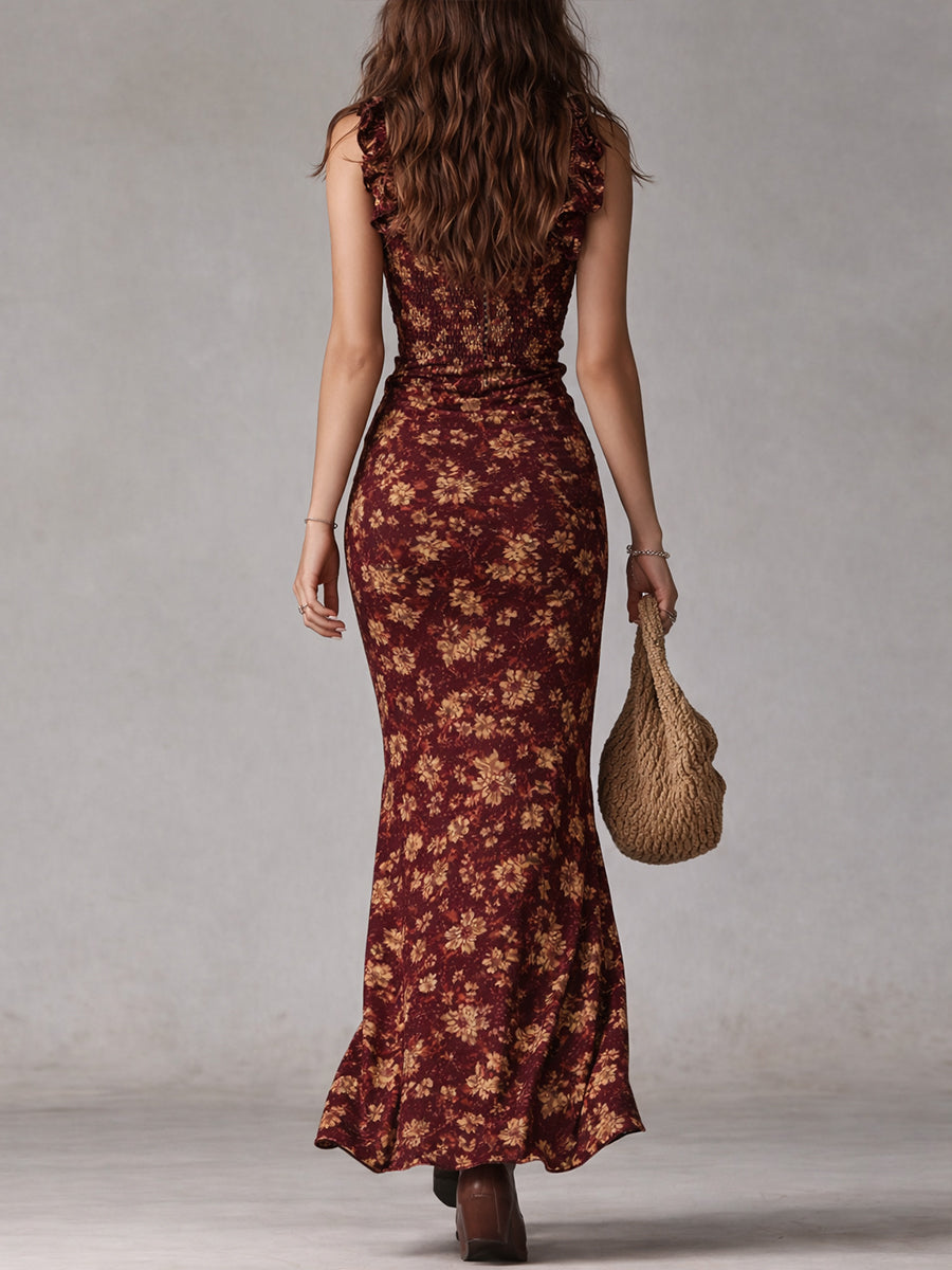 Vestido Maxi Boho Retro con Mangas Voladas y Gran Abertura