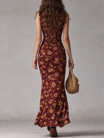 Vestido Maxi Boho Retro con Mangas Voladas y Gran Abertura