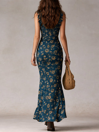 Vestido Maxi Boho Retro con Mangas Voladas y Gran Abertura