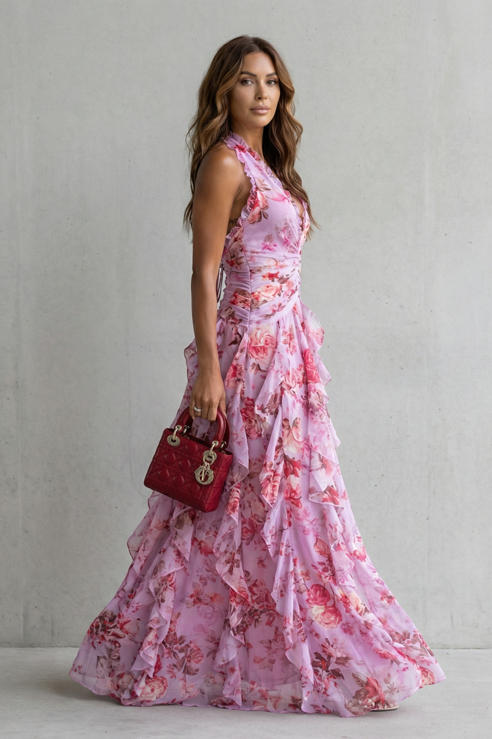 Belladina | Romántica Cascada de Rosas Vestido Largo con Escote Americano