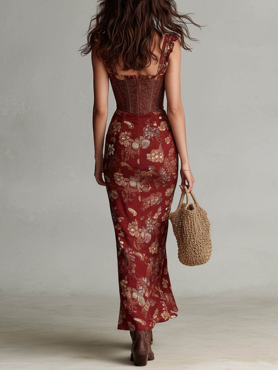 Vestido Maxi Estilo Corsé con Estampado Floral y Abertura Alta
