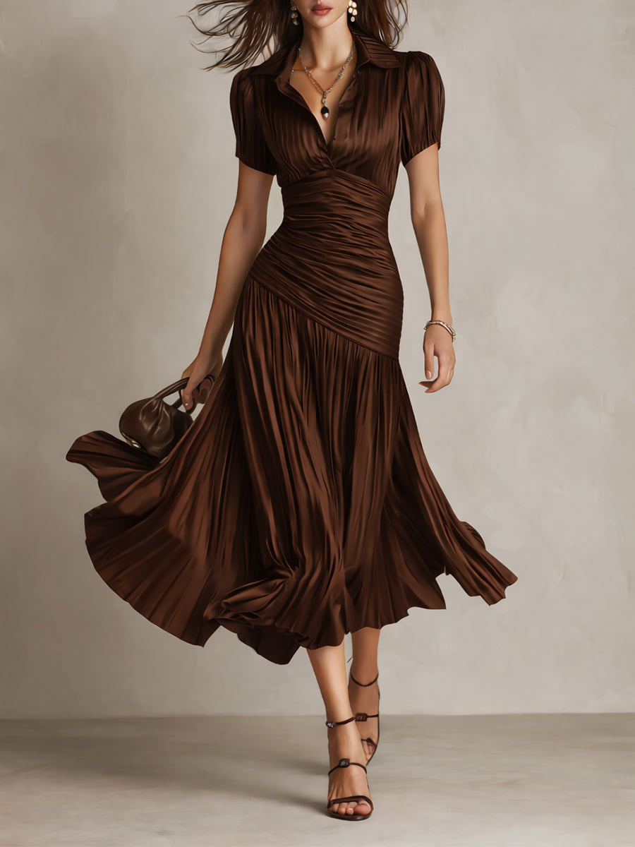 Adriana - Vestido midi satinado de rayas retro