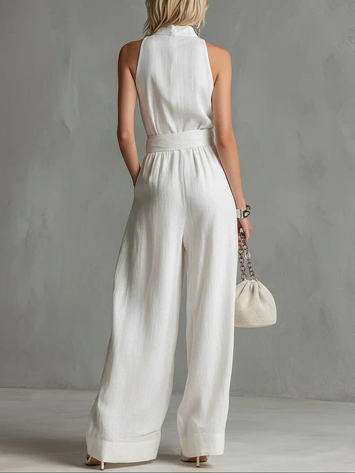 Jumpsuit Elegante de Ciudad – Con Cinturón, Sin Mangas, Corte de Pierna Ancha • S1