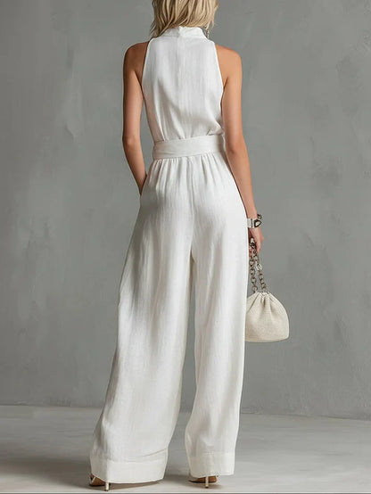 Jumpsuit Elegante de Ciudad – Con Cinturón, Sin Mangas, Corte de Pierna Ancha • S1