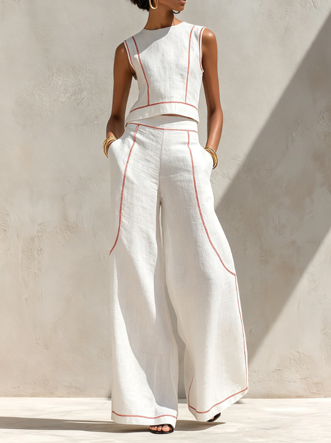 Conjunto de Blusa Minimalista de Mezcla de Lino y Pantalones de Pierna Ancha para Mujeres