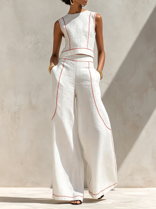 Conjunto de Blusa Minimalista de Mezcla de Lino y Pantalones de Pierna Ancha para Mujeres