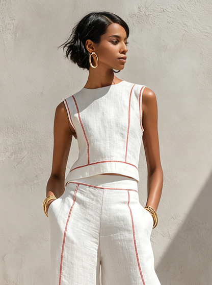 Conjunto de Blusa Minimalista de Mezcla de Lino y Pantalones de Pierna Ancha para Mujeres