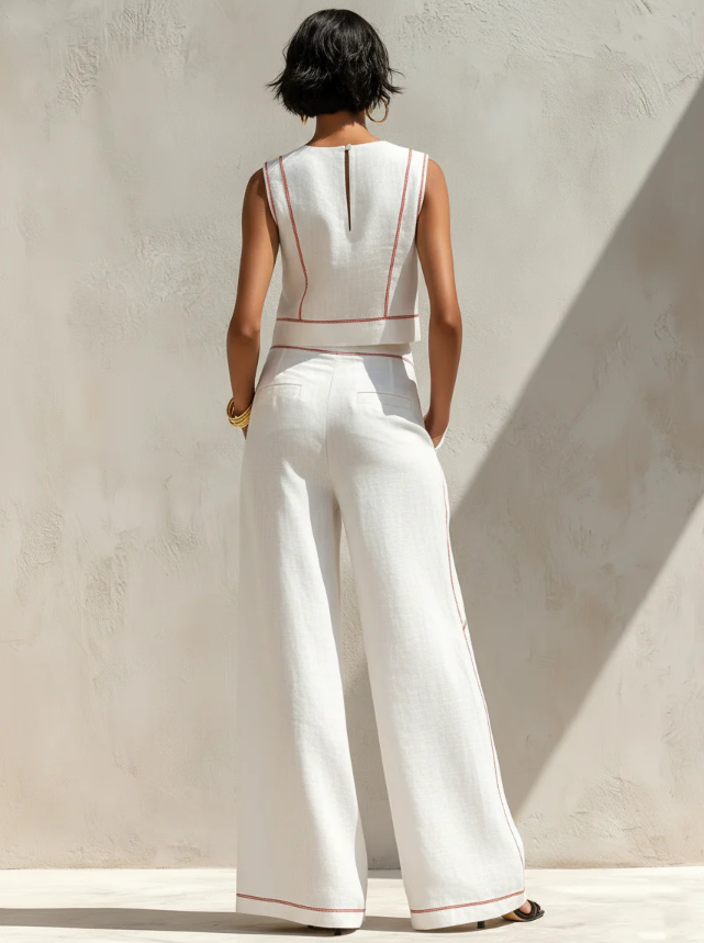 Conjunto de Blusa Minimalista de Mezcla de Lino y Pantalones de Pierna Ancha para Mujeres