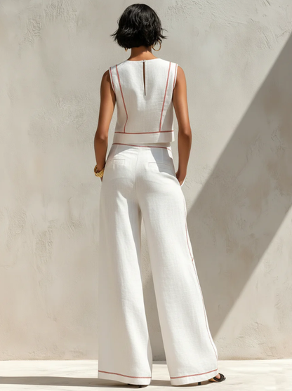 Conjunto de Blusa Minimalista de Mezcla de Lino y Pantalones de Pierna Ancha para Mujeres