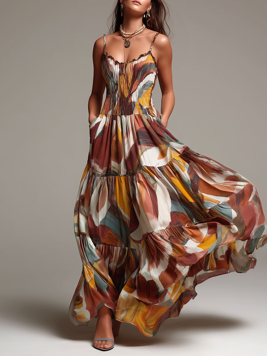 Vestido Maxi de Cuerpo Fruncido Multicolor Abstracto Boho