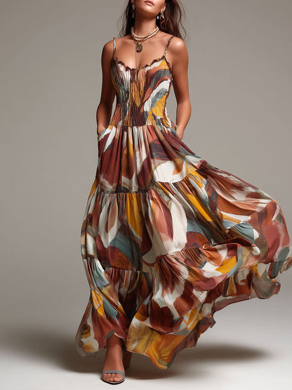 Vestido Maxi de Cuerpo Fruncido Multicolor Abstracto Boho