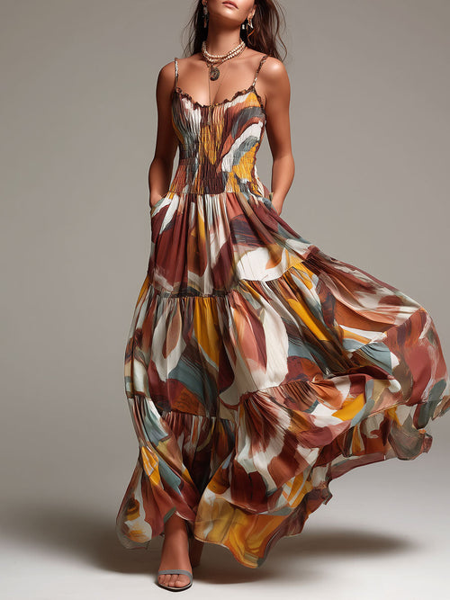 Vestido Maxi de Cuerpo Fruncido Multicolor Abstracto Boho