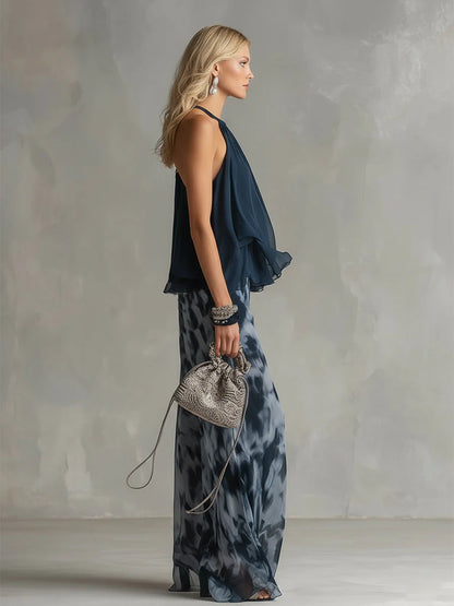 Ludovica - elegante vestido de gasa con corpiño de cuello alto y pantalón ancho estampado